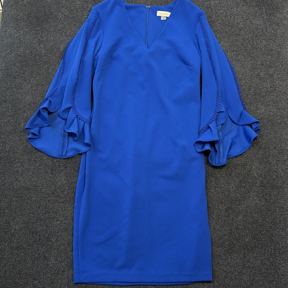 Calvin Klein Dresses & Skirts - Calvin Klein Dress Womens 8 Blue Bell Sleeve Ruffle Sheath Knee Length Stretch